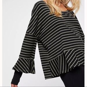 We The Free Ruffled Striped Round About Tee Ribbed Green & Black Size Medium